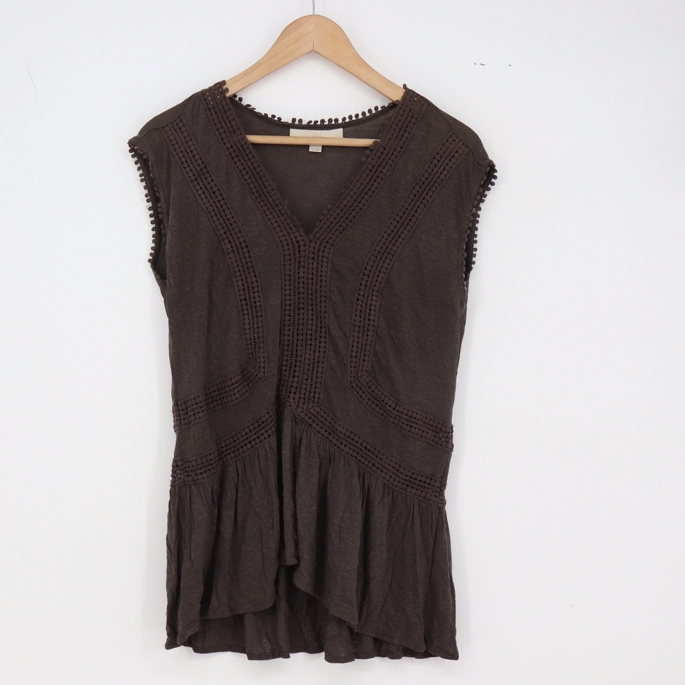 LOFT Linen Top Womens XS Peplum Dark Brown Crochet Lace Sleeveless Excellent